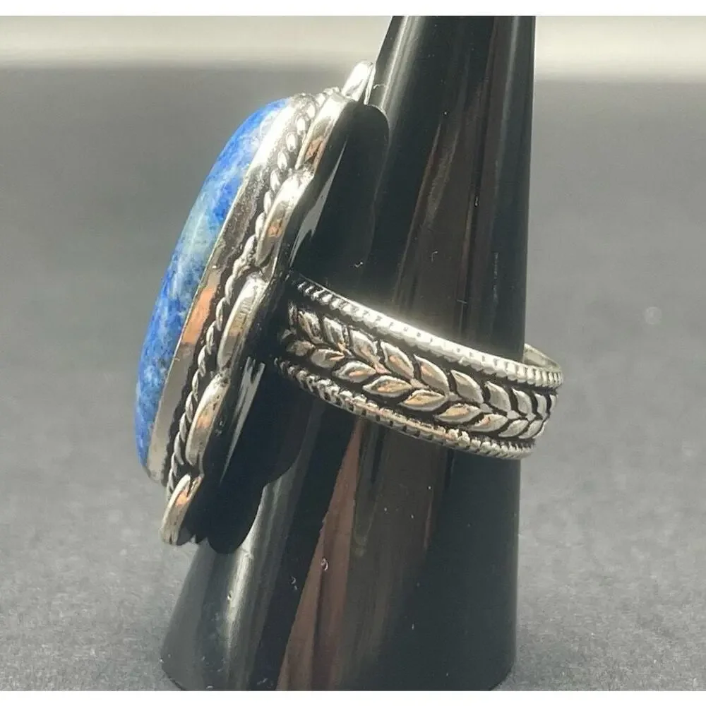Sterling Silver Blue Oval Sodalite Ring Size 9.25 Bali Style Stamped 925 13.7 gr